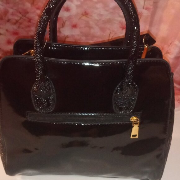 BLACK PATENT LEATHER SATCHEL/SHOULDER HANDBAG W/ SHOULDER STRAP - Picture 4 of 11